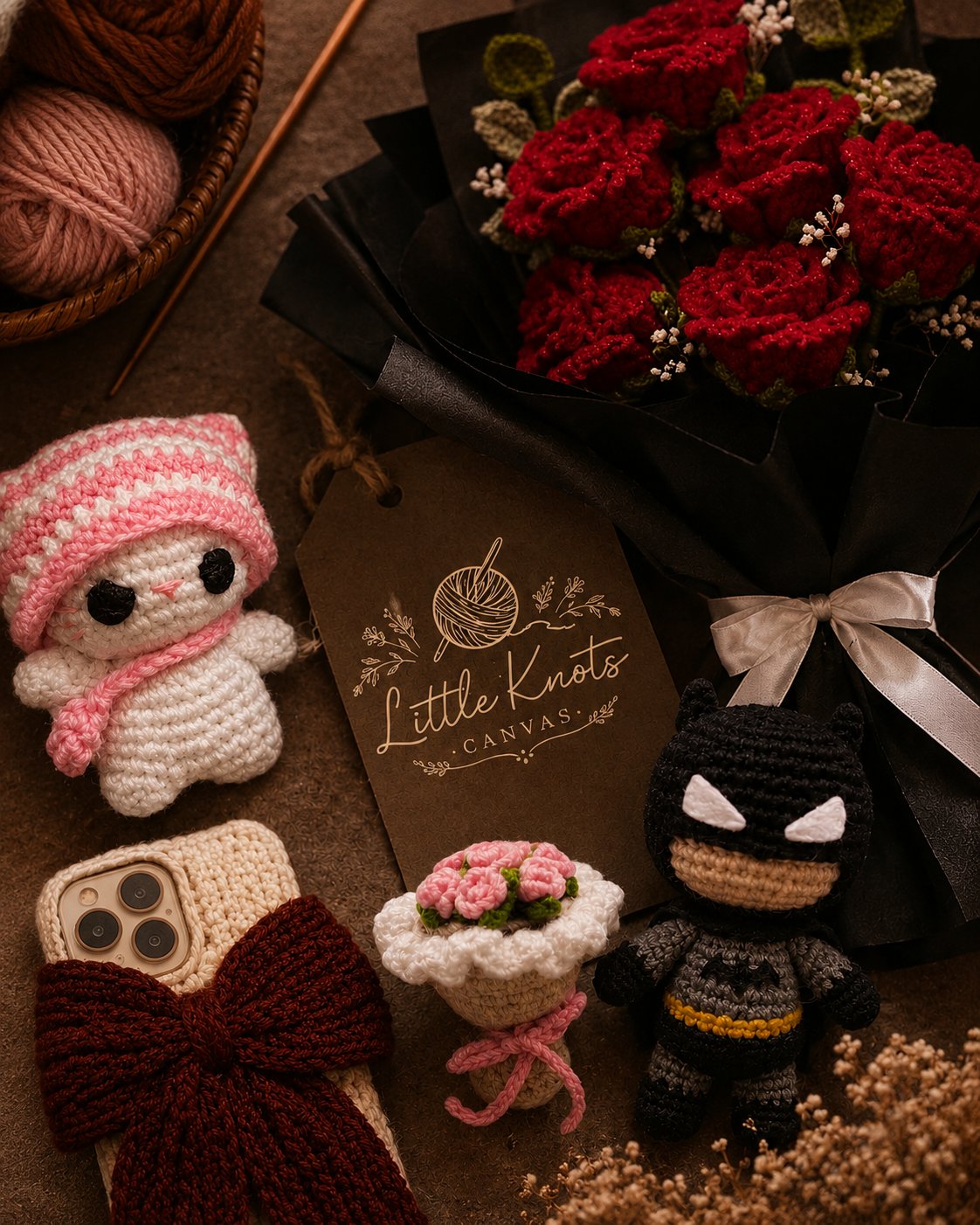 Little Knots handmade crochet pieces - roses, amigurumi and a gift tag